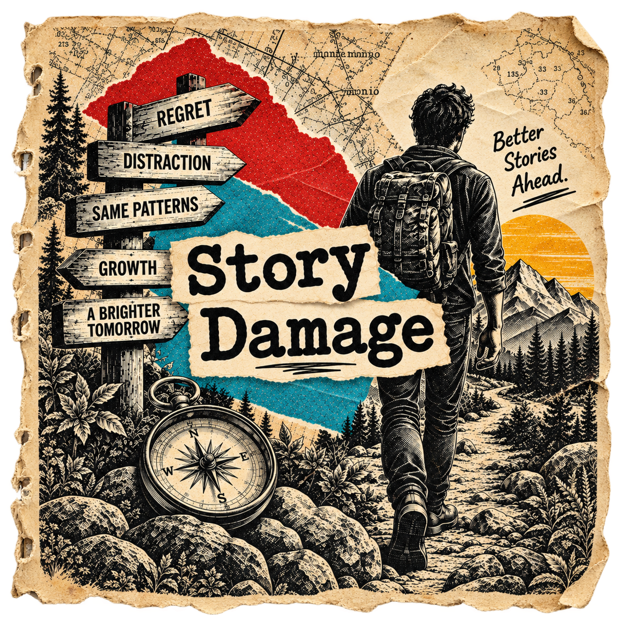 Story Damage illustration on a torn comic-book page: a traveler with a backpack walks toward mountains and a golden sun. Vintage signposts, a compass, torn red and turquoise paper, and the words Better Stories Ahead surround him.